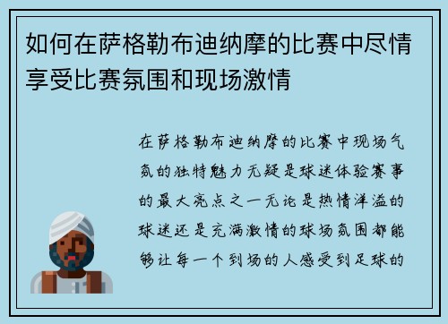 如何在萨格勒布迪纳摩的比赛中尽情享受比赛氛围和现场激情